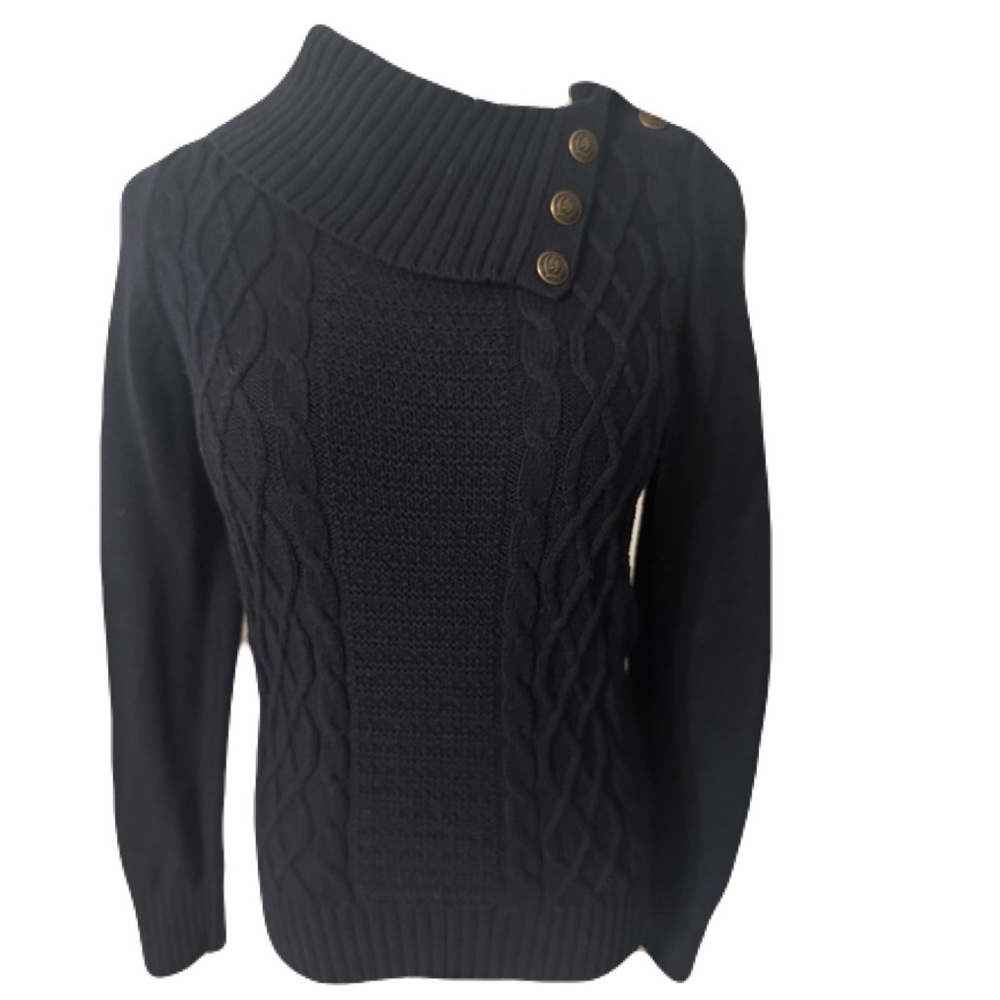 Navy Cable Knit Sweater with Button Detail